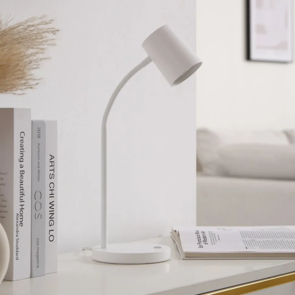 Lindby Radka bordlampe, hvid, plast, GU10, fleksibel arm
