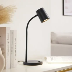 Lindby Radka bordlampe, sort, plast, fleksibel arm