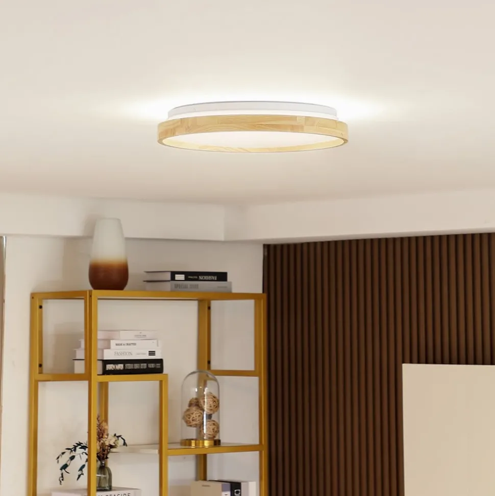 Lindby Smart LED-loftslampe Mirren træ Ø39,5 cm CCT Tuya
