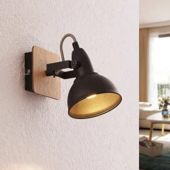Lindby spotlight Aylis, højde 14 cm, sort, træ, E14