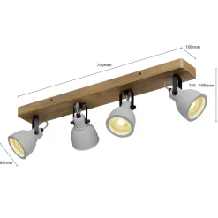 Lindby Spot Mitis, 70 cm, 4 lyskilder, grå, træ, beton, GU10