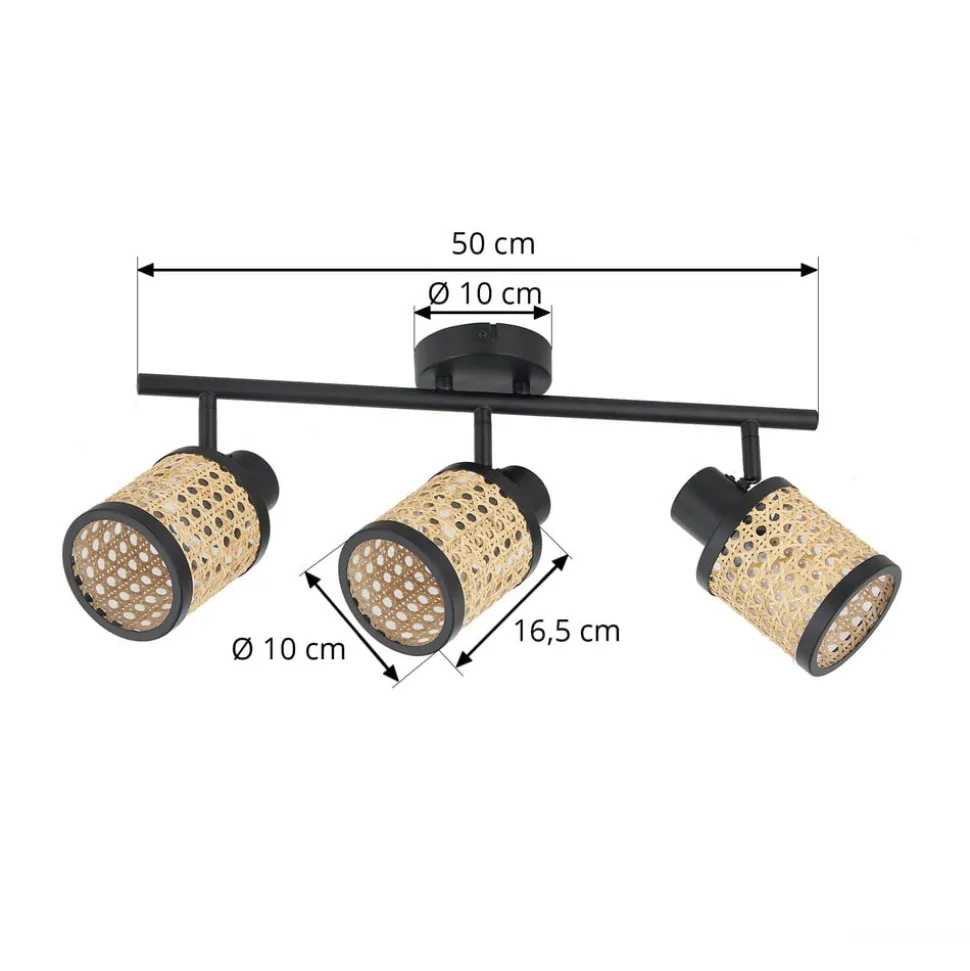 Lindby Spot Yaelle, 52 cm, 3-lys, rattan, sort, E27