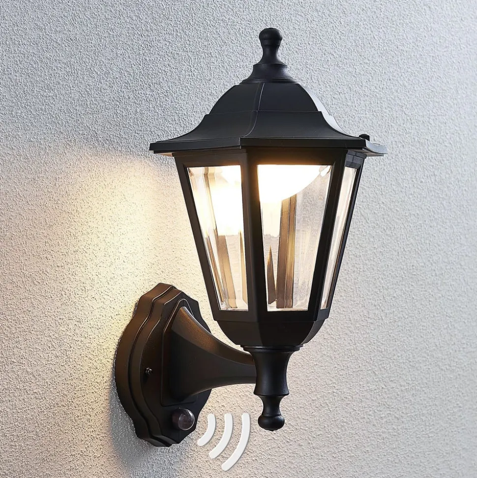 Lindby udendørs LED-væglampe Iavo, sensor, sort, lygte