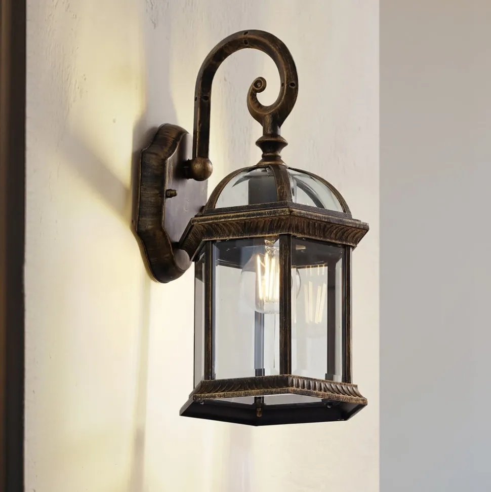 Lindby udendørs væglampe Adelisa, guld antik, aluminium, højde 39 cm