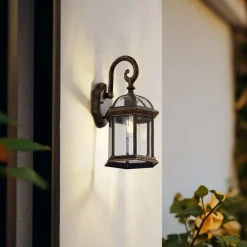 Lindby udendørs væglampe Adelisa, guld antik, aluminium, højde 39 cm
