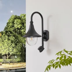 Lindby udendørs væglampe Daphne, sort, sensor, metal, E27