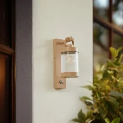 Lindby udendørs væglampe Yrene, 20 cm, beige, sensor, ripple