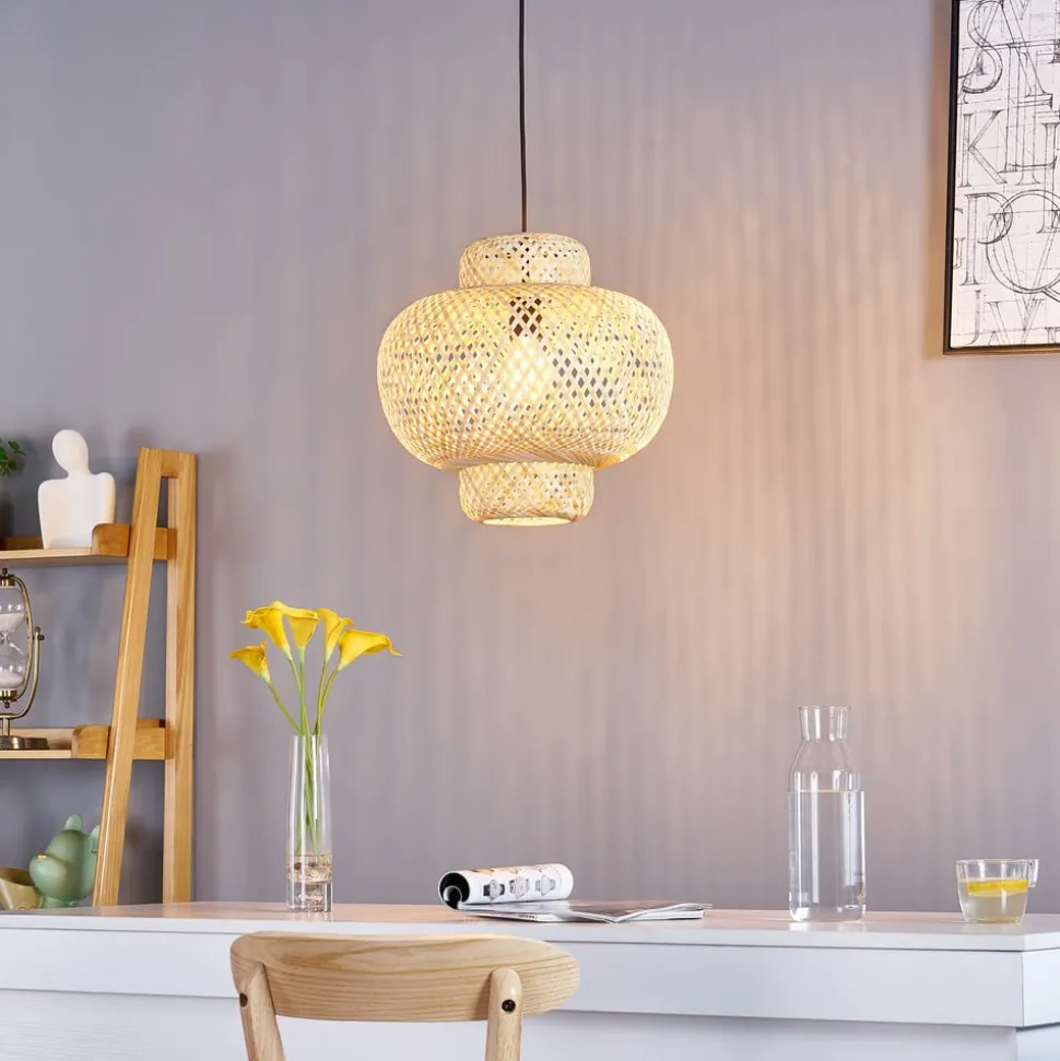 Lindby Venora hængelampe, Ø 40 cm, pæreformet, bambus, E27