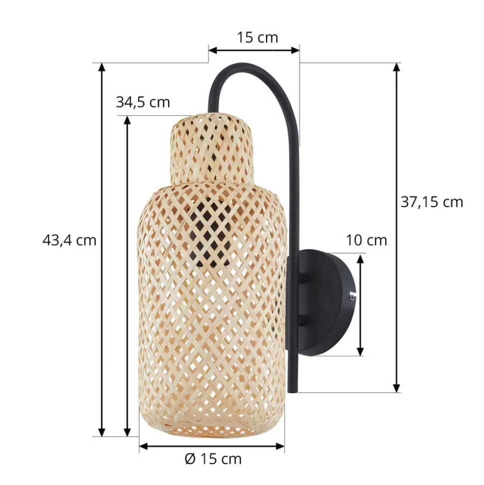 Lindby Venora væglampe, højde 43 cm, sort, træ, bambus