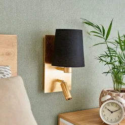 Lindby væglampe Aiden, 30 cm, sort, guld, LED-læselampe