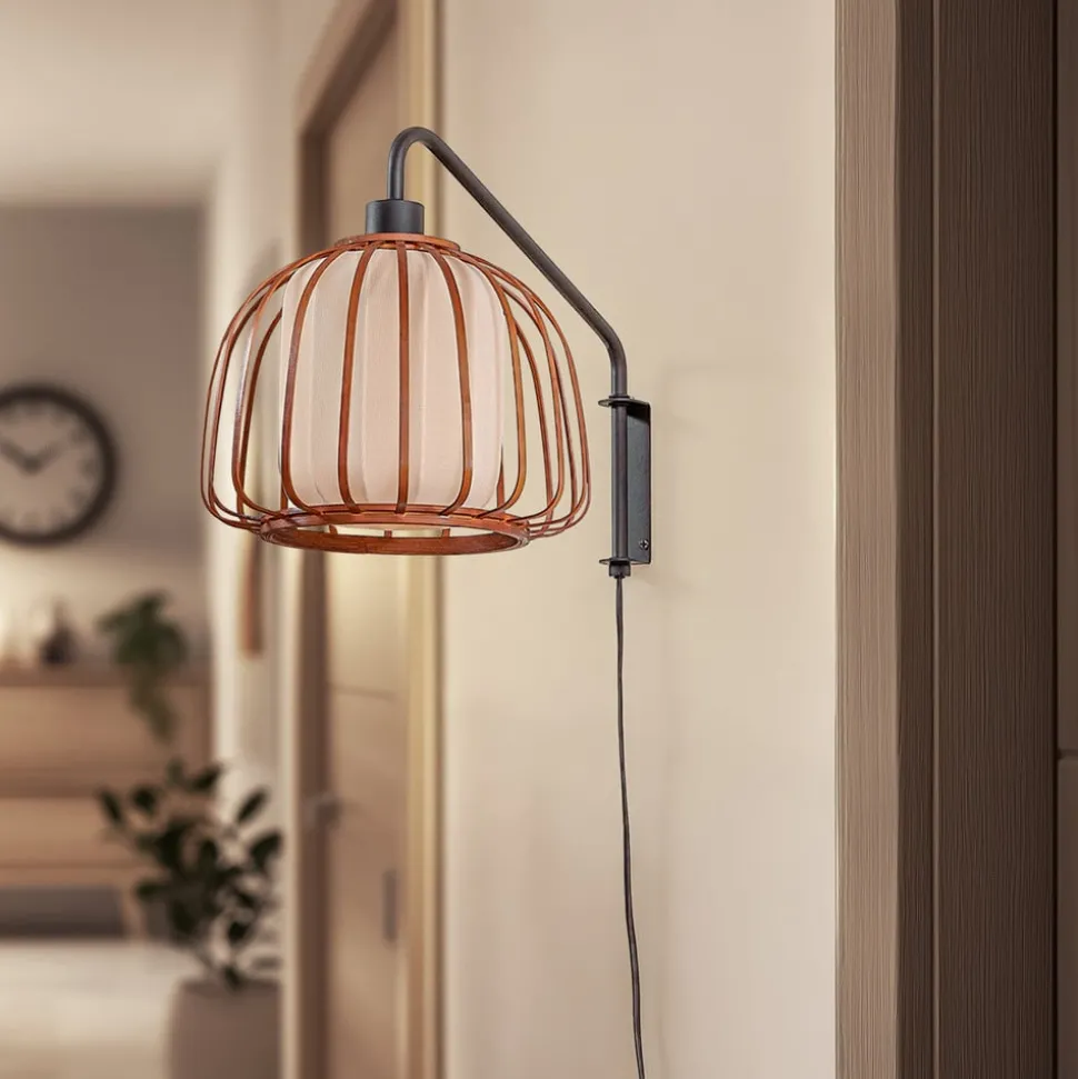 Lindby væglampe Davella, Ø 26 cm, sort, bambus, tekstil