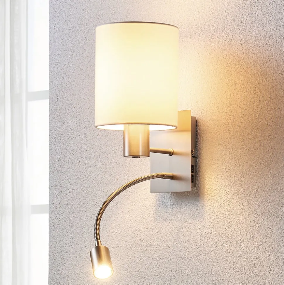 Lindby væglampe Shajan, 29 cm, tekstil, E27, LED-læselampe
