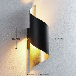 Lindby væglampe Vanni, sort/guld, metal, højde 57 cm