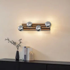 Lindby væglampe Woodora, træ, glas, røggrå, 4 lyskilder