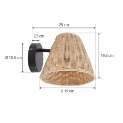 Lindby væglampe Zyralia, træfarvet, rattan, 19,5 cm høj