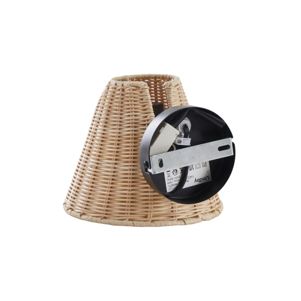 Lindby væglampe Zyralia, træfarvet, rattan, 19,5 cm høj