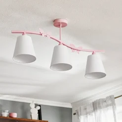 Loftlampe Alice, pink, tre hvide stofskærme