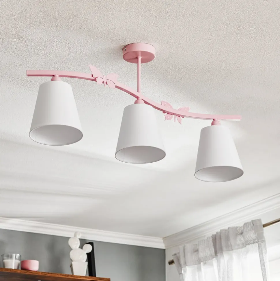 Loftlampe Alice, pink, tre hvide stofskærme