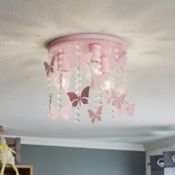 Loftlampe Angelica i pink med sommerfugle