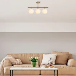 Loftlampe Atmaca, 3 lyskilder, antik guld, glas, 60 cm