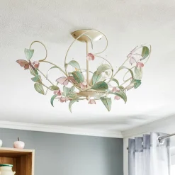 Loftlampe BUTTERFLY, creme/grøn/rosa, stål, 5 lyskilder