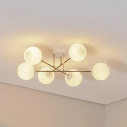 Loftlampe Glassy, 6 lyskilder, hvid/guld/opal