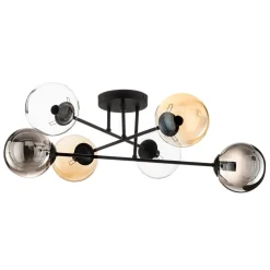 Loftlampe Glassy, sort, grafit/amber/klar, 6 lyskilder.