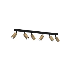 Loftlampe Nise, 6 lyskilder, aflang, sort stål, træ