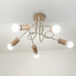 Loftlampe Oxford, sandbeige, træ, metal, 5 lyskilder, Ø 47 cm