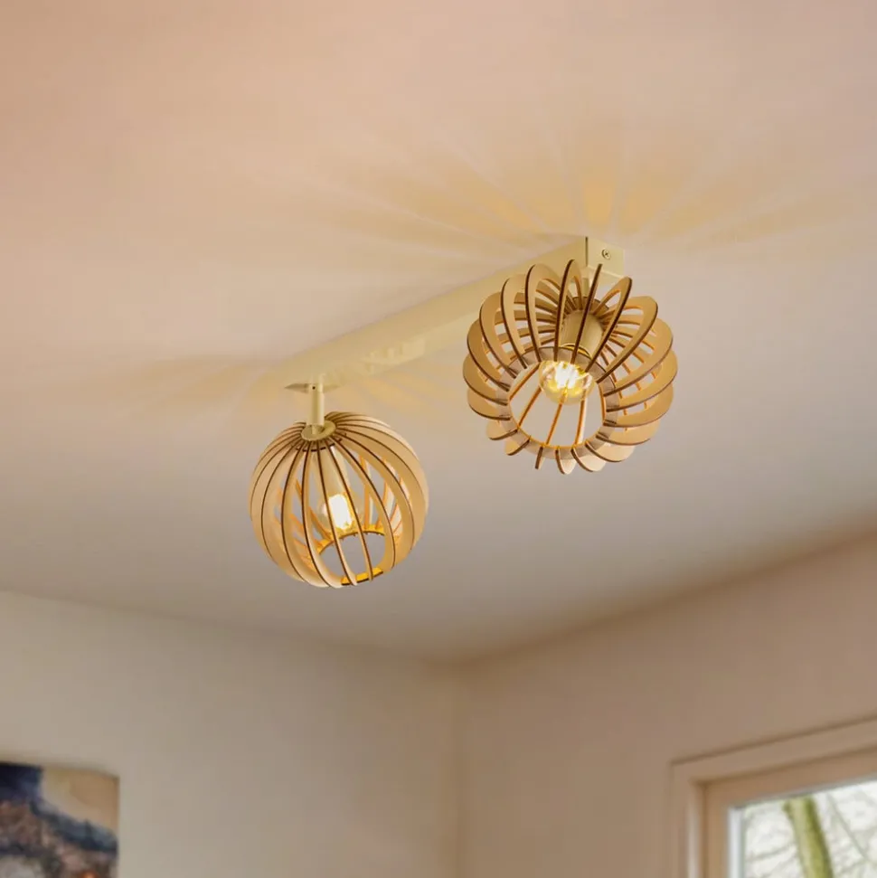 Loftlampe Paz hvid trælameller-kugler, 2 lyskilder.