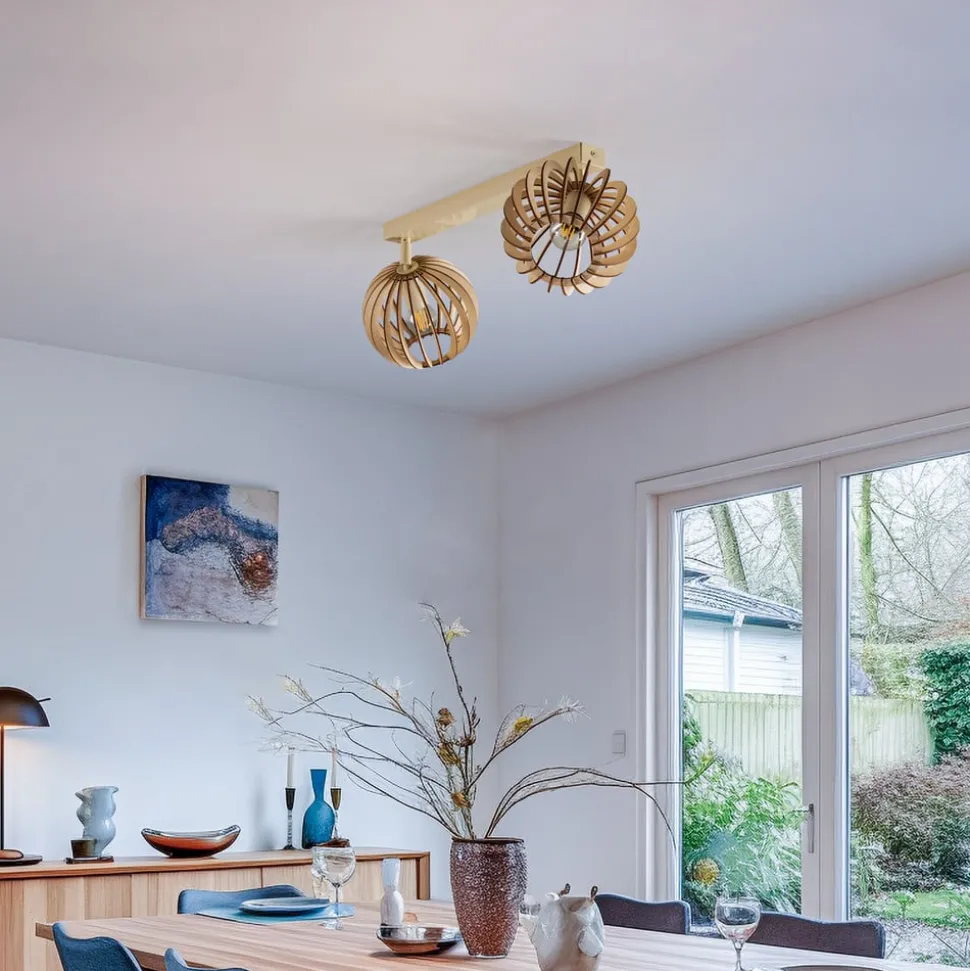 Loftlampe Paz hvid trælameller-kugler, 2 lyskilder.