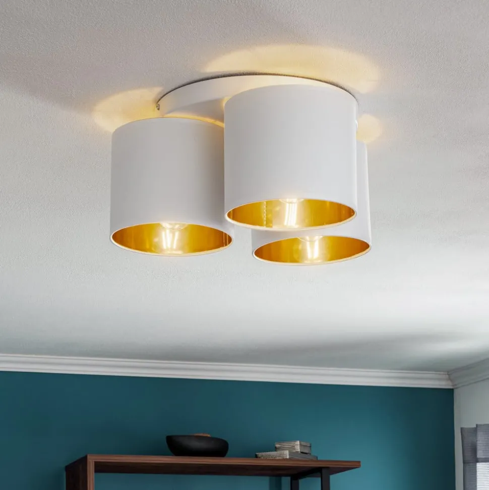 Loftlampe Soho, cylindrisk, 3 lyskilder, hvid/guld