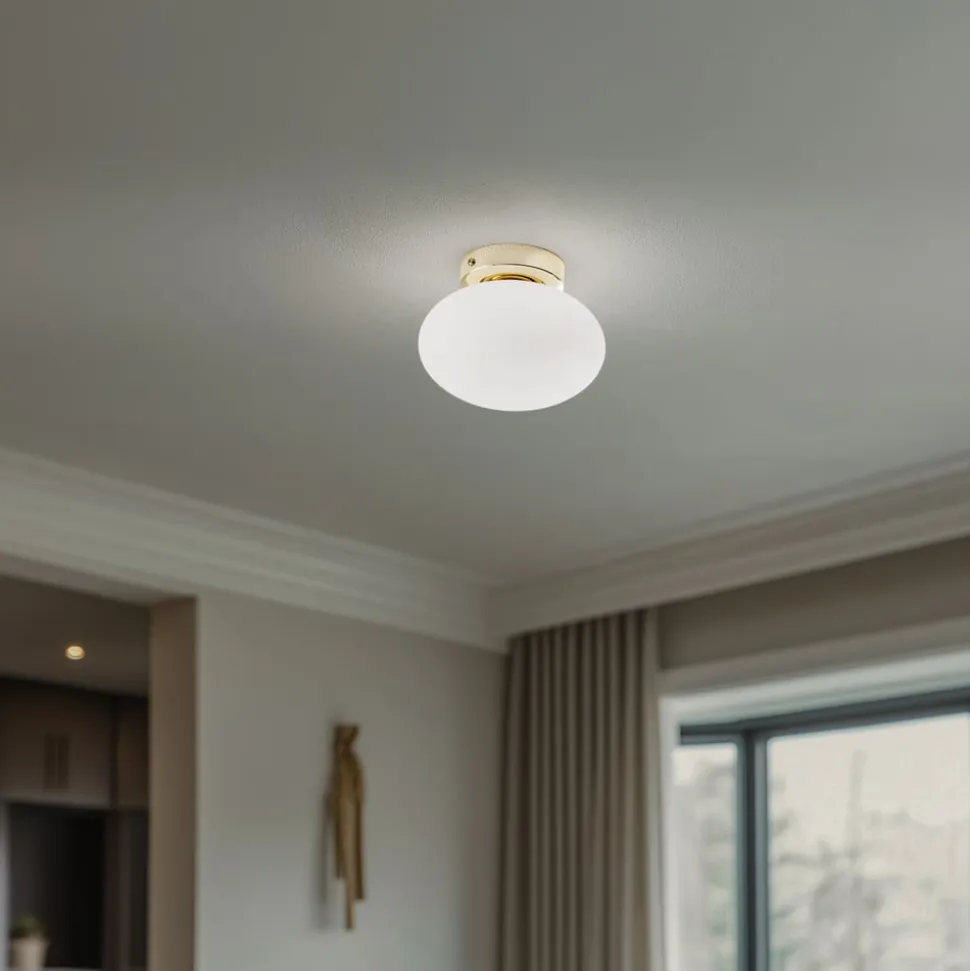 Loftlampe Ufo, guld/hvid, Ø 18 cm, glas, G9