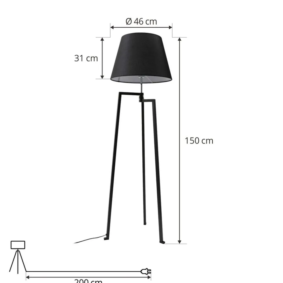 Lucande gulvlampe Amona, sort, tekstil, 150 cm, trefod
