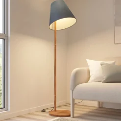 Lucande gulvlampe Jinda, blå, træ, stof, 160 cm, E27