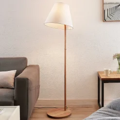 Lucande gulvlampe Jinda, hvid, træ, stof, 160 cm, E27
