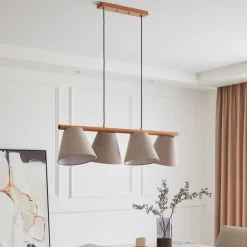 Lucande hængelampe Jinda, grå, træ, stof, 120 cm, E27