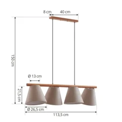 Lucande hængelampe Jinda, grå, træ, stof, 120 cm, E27