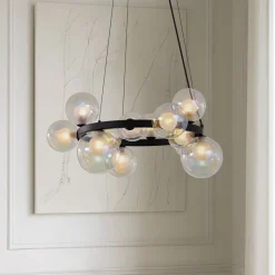 Lucande hængelampe Marvi, Ø 68 cm, sort, glas, metal