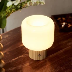 Lucande LED-batteridrevet bordlampe Katrin Palme, beige, glas