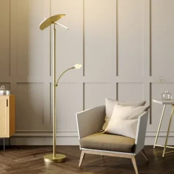 Lucande LED-gulvlampe Anniki, messing, justerbar, dæmpbar
