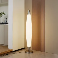 Lucande LED-gulvlampe Tarell, hvid/nikkel, 146 cm, dæmpbar