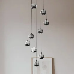 Lucande LED-hængelampe Hayley, sort, 9 lyskilder, glas
