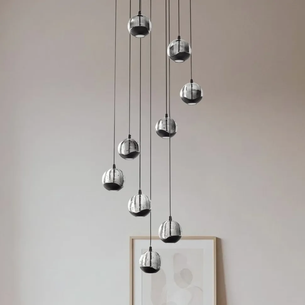 Lucande LED-hængelampe Hayley, sort, 9 lyskilder, glas