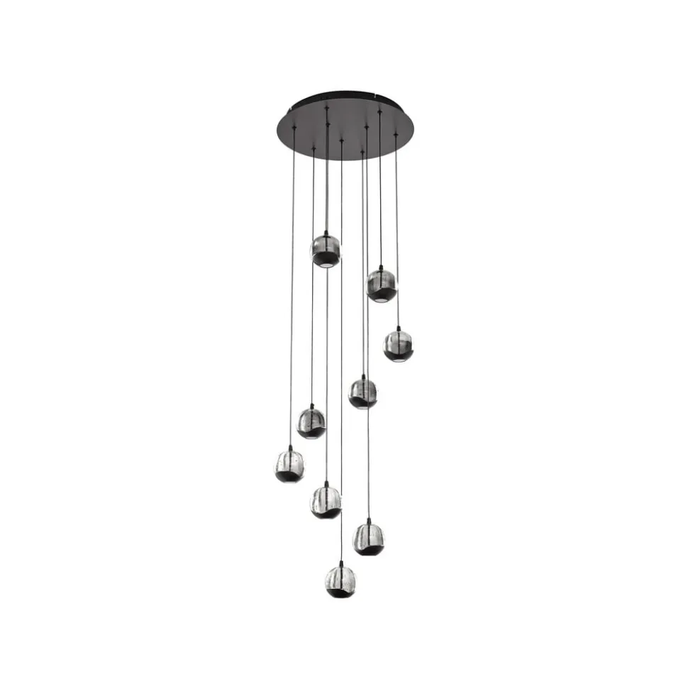 Lucande LED-hængelampe Hayley, sort, 9 lyskilder, glas