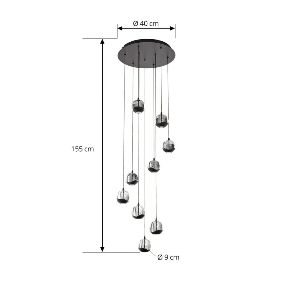 Lucande LED-hængelampe Hayley, sort, 9 lyskilder, glas