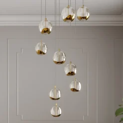 Lucande LED-hængelampe Hayley, Ø 40 cm, 9 lyskilder, guld, glas