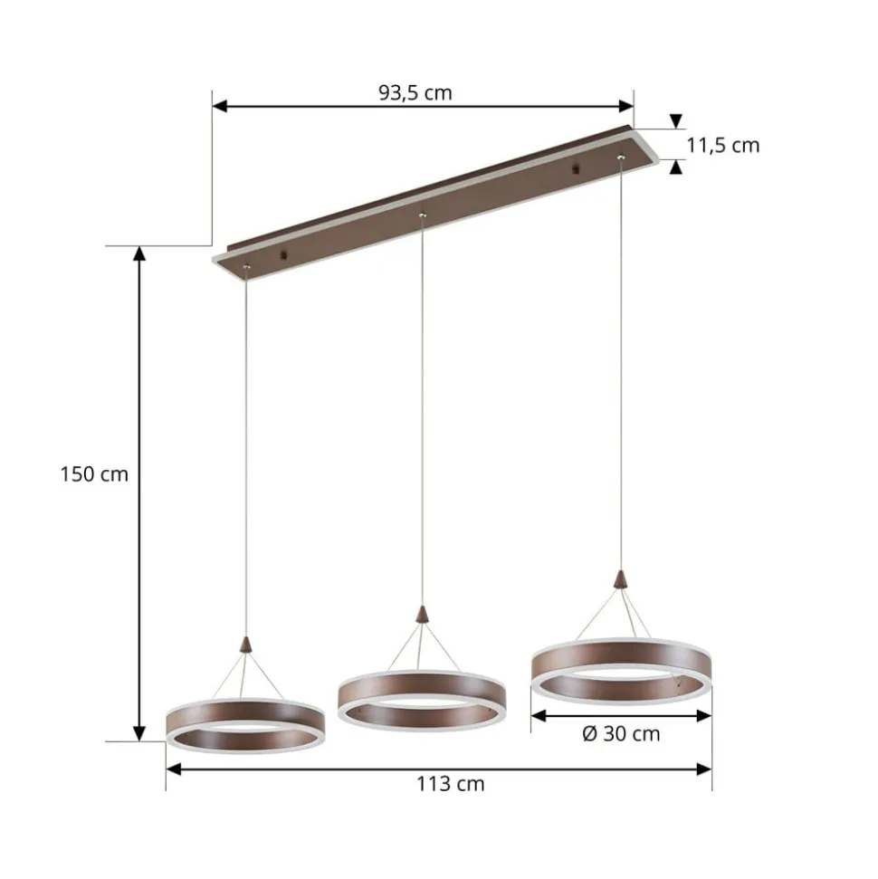 Lucande LED-hængelampe Kolo, 114 cm, 3 lyskilder, brun, dæmpbar