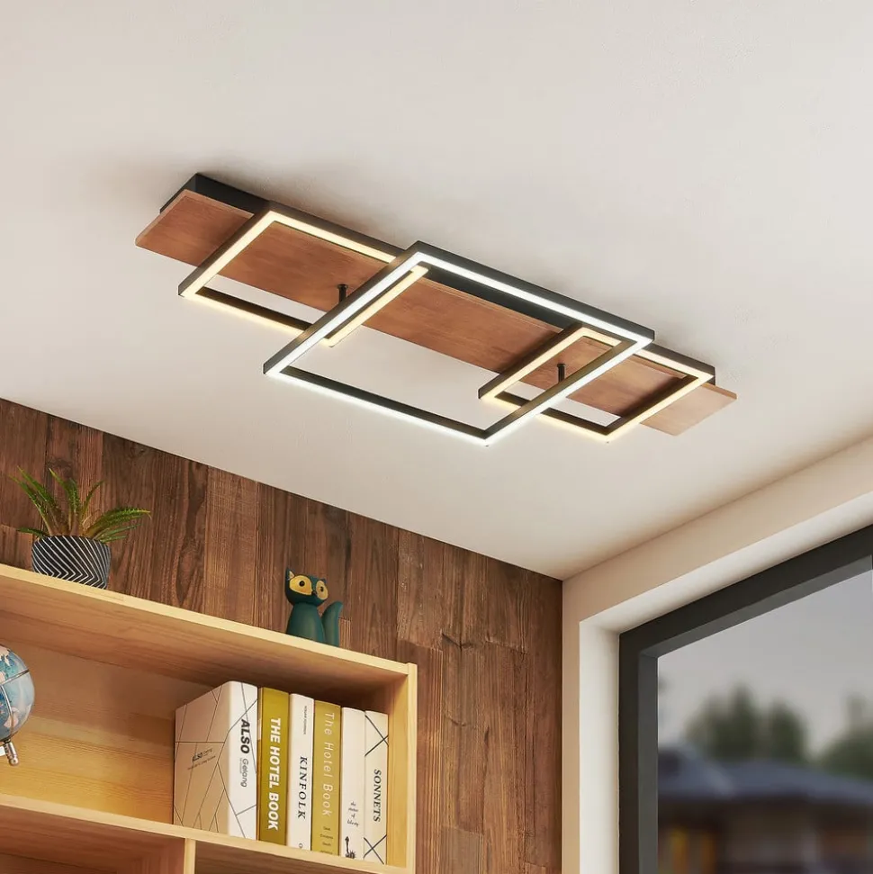 Lucande LED-loftlampe Chariska, 95 cm, sort, træ, CCT