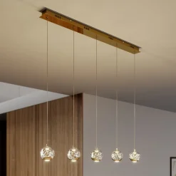 Lucande LED-pendellampe Hayley, 96 cm, 5 lyskilder, guld, glas